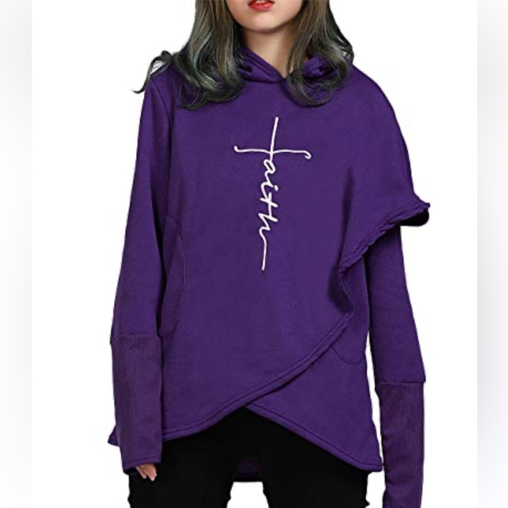 WOMEN’S PURPLE TUNIC LENGTH SWEATSHIRT HOODIE WITH FAITH GRAPHIC SZ MED
